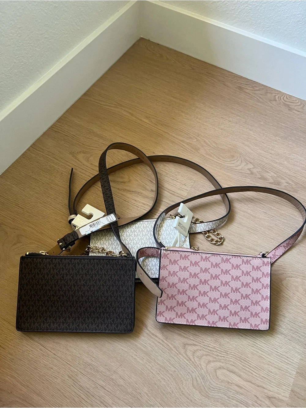 Michael Kors MK Signature Crossbody Trio in Pink, Brown, and Ivory